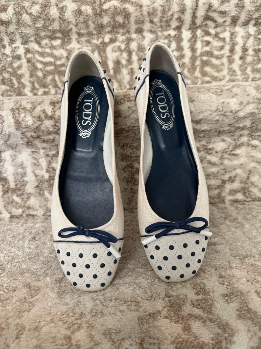TOD'S Women's cream and black Polka Dot Ballet Flats